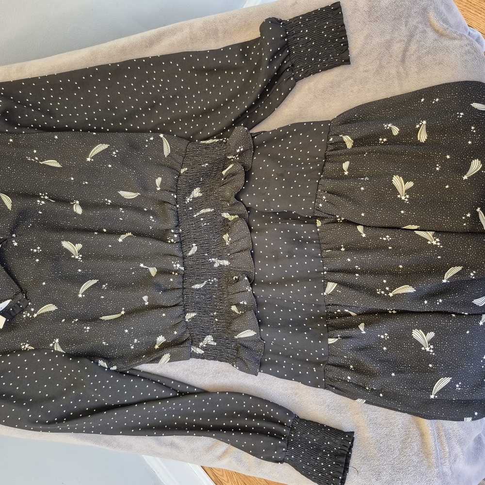 Black Dress with White Polka Dots and Feather Print